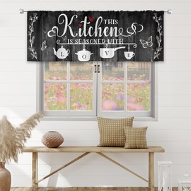 MESHELLY Black Kitchen Curtains 52Wx18H Inch Rod Pocket Farmhouse Valance Rustic Wooden Plank Vintage Country Butterfly Plant Bedroom Window Drapes Quotes Printed Living Room Window Treatment 1 Panel