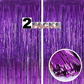 GILF 2 Packs 3.3ft x 8.2ft Shimmer Metallic Fringe Tinsel Foil Curtains for Wedding Bridal Shower Birthday Party Baby Shower Graduation Photo Booth Backdrop Decoration Props (Purple)