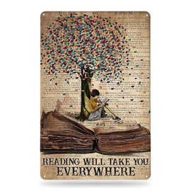 Noete Reading Will Take You Everywhere Metal Sign - Vintage Decor Girl Reading Wall Quotes Library Wall Decor Metal Signs for Home Office - Reading Sign Book Poster for Classroom Decoration