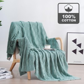 YIRUIO 100% Pure Cotton Knit Throw Blankets 3D Checkered Pattern Quilt for Couch Bed Sofa Home Decor Gifts Office Camping and Travel All Season Teal Blue 51 x 63 inch