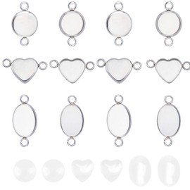 UNICRAFTALE 30 Sets Oval/Flat Round/Heart Bezel Blanks Stainless Steel Blanks with Cabochons Cabochon Connector Setting Pendant Bezel Shells for Making Cabochon Jewellery