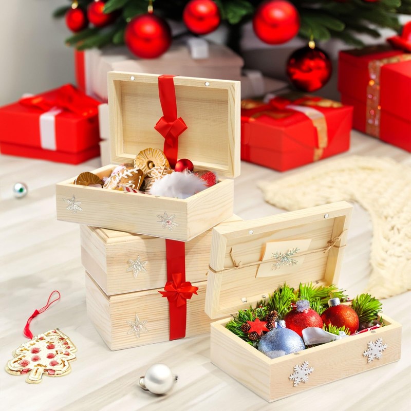 Unfinished Wood Boxes with Hinged Magnetic Lid, 4-Pack of Pinewood