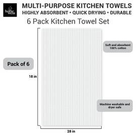 Homewear Nora Waffle Weave Set of 6 Kitchen Towels, Recycled Cotton Poly Blend, Ultra Soft Absorbent Quick Dry Cleaning Cloth, 18 x 28 Inch Hand Dish Towel, White