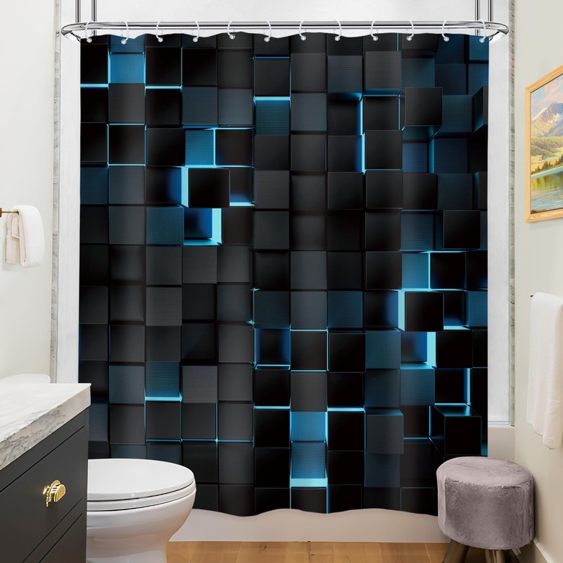 Riyidecor Black Blue Shower Curtain 60Wx72H Inch Abstract Navy Brick