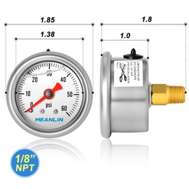 MEANLIN MEASURE 0~60Psi Pressure Gauge, Glycerin Filled 1/8" NPT 1.5" FACE DIAL, Stainless Steel Liquid Filled Pressure Gauge WOG Water Oil Air Back Mount