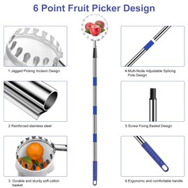 Numola Fruit Picker Pole with Basket, 10.3FT Adjustable Pole with 2 Strawberry Bags for Orange, Lemon, Avocado, Mango, Cherry, Apple, Pear, Apricot, Limes, Peach, Plums, Persimmons Tree Picker, Blue