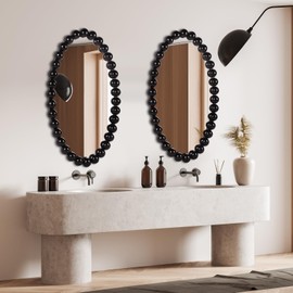 WRTRENDS Oval Round Wall Mirror - 30 Inch Decorative Framed Bathroom/Living Room Accent Mirror with Beaded Ball Trim - Vintage Modern Style (Black/White/Gold) (Black)