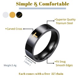 Cross Rings for Men, 18K Gold Plated Mens Rings Stainless Steel Silver Lord Prayer Jesus Christian Black Pinky Ring, Ring Size 5 to 13, Stainless Steel, No Gemstone