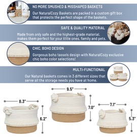 NaturalCozy 3-Piece Decorative Storage Basket Set – Cotton Rope Woven Baskets for Organizing! Small Basket for Nursery Baby Stuff, Gift Basket, Montessori, Dog Toy Bin, Cat Basket, Bathroom Shelves