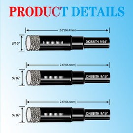 3pc 9/16” Diamond Core Drill Bits Set, 14mm Tile Drill Bits for Ceramic, Porcelain, Marble, Granite, Stone, Glass w/Integrated Coolant for Dry Drilling, Round Shank & Storage Case, Precision Cutting
