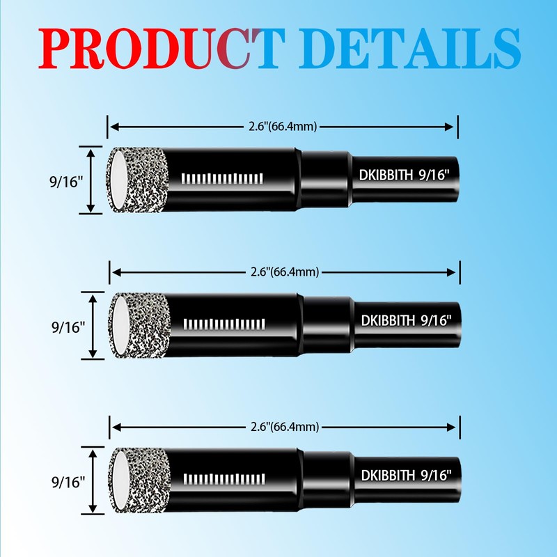 3pc 9/16” Diamond Core Drill Bits Set, 14mm Tile Drill