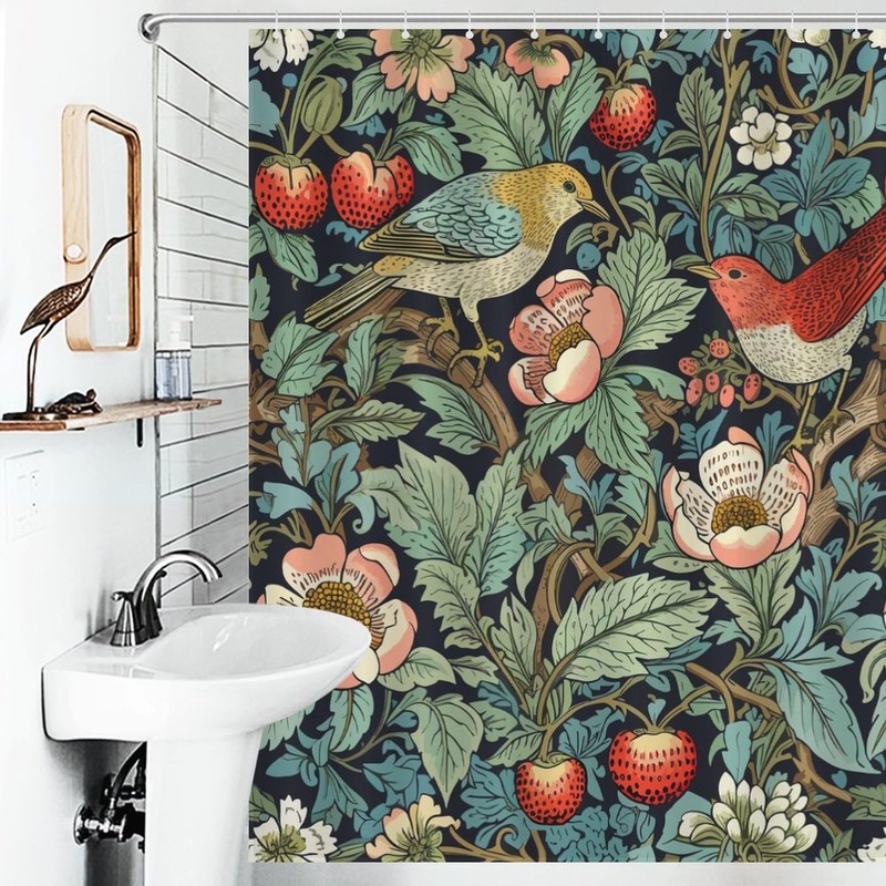 William Morris Shower Curtain,Original Design Strawberry Thief Green Flower Birds