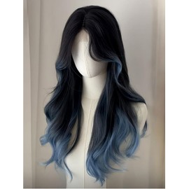 Black Blue Highlight Long Wavy Wig with Curtain Bang Ombre Blue Wigs for Women Middle Part Natural Heat Resistant Synthetic Fiber Wig for Daily Use