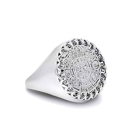 Claddagh Gold Solid Sterling Silver Aztec Sun Mayan Calendar Signet Statement Ring (Size 7)