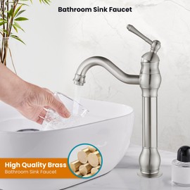 gotonovo Single Handle Vessel Sink Faucet 360° Swivel Bathroom Faucet One Hole Farmhouse Lavatory Vanity Faucet Bowl Sink Mixer Tap with Pop Up Drain, Brushed Nickel