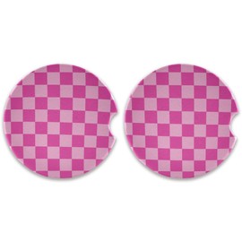 susiyo 2 Pcs Car Coasters for Cup Holder Pink Checkered Plaid Background Absorbent Ceramic Drinks Coasters for Universal Car