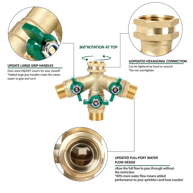 STYDDI Full Flow 3-Way Garden Hose Splitter, Solid Brass High