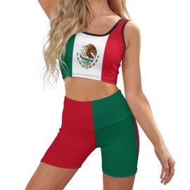 Bagea-Ka Mexico Flag Pattern Women Yoga Vest Set Workout 2 Piece Outfits Ribbed Gym Clothes for Women Girl's