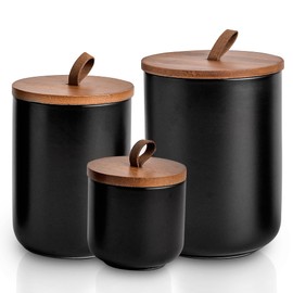 CoorFormer Black Ceramic Canister Set with Bamboo Lids, 3-Piece Airtight Food Storage Jars for Kitchen - Flour, Sugar, Coffee, Tea, Spice - Small, Medium, Large Sizes