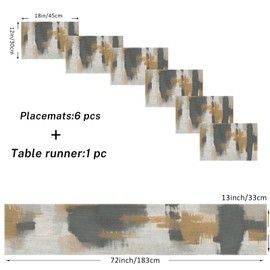 Emvency Vintage Grey Table Runner and Placemats Set of 6, Abstract Dark Gray Brown Table Decorations for Indoor Outdoor Dining Table Decor(1 Table Runner 72 inches Long and 6 Placemats)