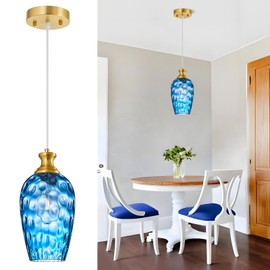 LBSQJ Glass Pendant Lights Kitchen Island 1 Pack 5.9" Blue Hammered Glass Pendant Light Gold Kitchen Pendant Lighting Over Sink Modern Bedroom Dining Room Hanging Light Fixture