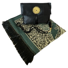 Muslim Prayer Rug and Beads with Elegant Slub Fabric Bag | Janamaz | Sajadah | Soft Islamic Prayer Rug | Islamic & Mawlid Gifts | Prayer Carpet Mat, Taffeta Fabric (Black, 1 Sets)