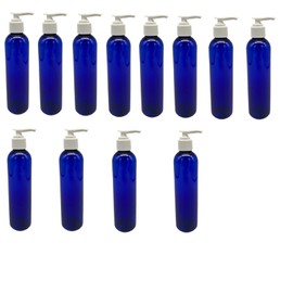 Natural Farms 12 Pack - 8 oz – Empty Squeeze Plastic Bottle - Cosmo Blue with White Pump - for Essential Oils, Perfumes, Cleaning Products