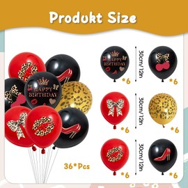 Cheetah Print Decorations Balloons Set - 36 Pcs Gold Black Red Cheetah Print Balloons with Lips Cherry Heart Bow Pattern for Women Girls Jungle Safari Animal Themed Party Decor Supplies