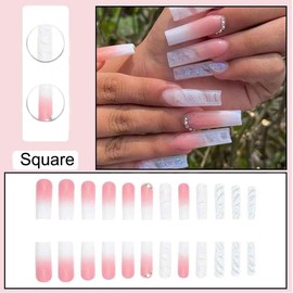 Ombre Pink White Press on Nails Long Square BAOYAALIN, Glitter Fake Nails with Rhinestones Design Gel Glue on Nails for Women Full Cover Acrylic Artificial False Stick on Nail for Wedding 24Pcs