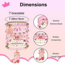 Mikovivi 7pcs Cowgirl Beaded Bracelets, Stackable Western Cowgirl Beaded Bracelets with Boot and Globe Charm Boho Stylish Country Jewelry Stack Accessories for Family Friend Gift (Pink)