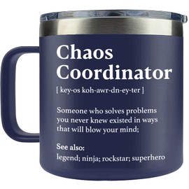 WECACYD Chaos Coordinator Tumbler Mug - Thank You Gifts for Men - Administrative Professional Day Gifts, Bosses Day Gifts - Gifts For Coworkers, Teacher, Job Promotion Gifts - 14oz Navy Blue Mug