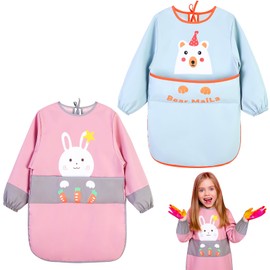 2 Pack Kids Painting Apron,Waterproof Children Toddler Art Smock with Long Sleeves and Roomy Pockets,Age 5-6 Years Boys and Girls Play Apron for Painting,Cooking, Baking(Blue+Pink)