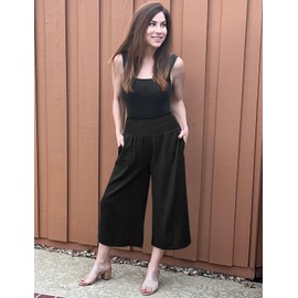 TARSE Womens Linen Capri Pants Summer Elastic High Waist Palazzo Wide Leg Trousers with Pockets Casual Loose Flowy Pants Black S