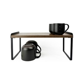 Mitus Shelf Organizer and Storage, Tiered Wood Cabinet Rack for The Kitchen Counter, Bathroom Counter, Pantry Cupboard, Office Desk Bookshelf, 16" Wide Walnut Brown and Black