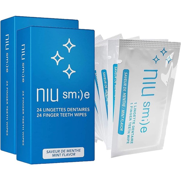 NIU SMI;)E Niusmile Finger Teeth Wipes | 2 x 24 Disposable Oral Brush Ups | Latex Free | Mint Flavor