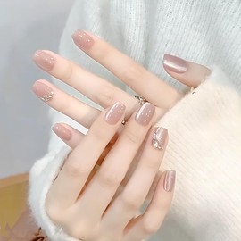 [ALLEVG] Nail Tips, 30 Pieces, Magnetic Type, 3D Metallic Flow Gold, Flesh Claws, Cat Eyes, Glossy, Japanese Style, Cute, Simple, Short, Popular, Nail Stickers, Cute, Spring, Summer, Autumn, Winter