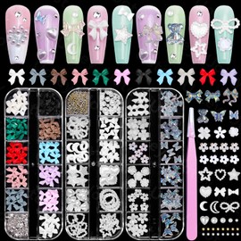 3D Bows Nail Charms and Nail Pearl, Color Bow Tie Charms for Acrylic Nails Mixed Pearl Bows Heart Nail Charms, 3 Boxes Bowknots Flowers Butterfly Nail Art Charms for DIY Nail Art Accessories