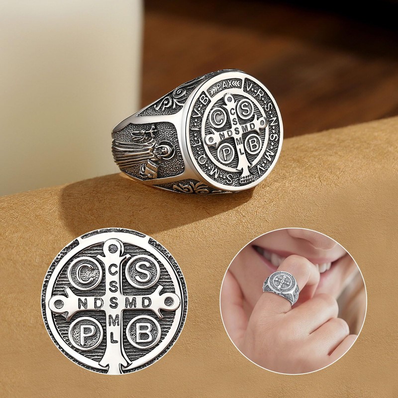 Vito S925 Sterling Silver Saint Benedict Ring for Women Men,
