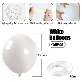 White Balloons, 50 Pcs 12 In White Party Decorations for Birthday Decorations, Wedding Decorations, Baby Shower Balloons, White Birthday Balloons with White Balloons and White Ribbon