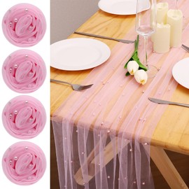 4pcs Pearl Table Runner Spring Summer Rustic Boho 10ft Tulle Table Runner for Baby Shower Wedding Veil Holiday Dessert Table Decor Pink