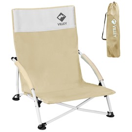 VILLEY Beach Camping Chair, Low Sling Outdoor Portable Lightweight Chair, Cross-Legged Low Chair, Foldable Easy Chair with Carry Bag, for Hiking, Fishing, Climbing, Garden, Sports Events, Khaki