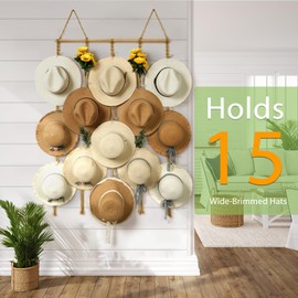 HYDERMUS Macrame Hat Organizer Rack for Wall 15 Clips 31x53in Large Fedora Hat Hangers Display for Wide Brimmed Hat Holder Storage Boho Decor for Fedora Sun Straw Panama Closet Bedroom Brown