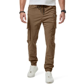 JMIERR Men's Cargo Pants Drawstring Stretch Waist Twill Joggers Trousers with Zipper Pockets, M, Earth Brown