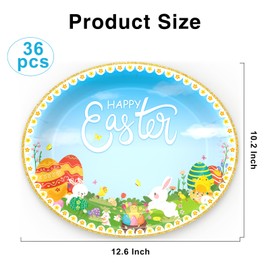 Disposable Easter Paper Plates, 36-Count Large Heavy Duty Oval Dessert Dishware, Giant Dinner Supplies for Party, 10.2 x 12.6 Inch