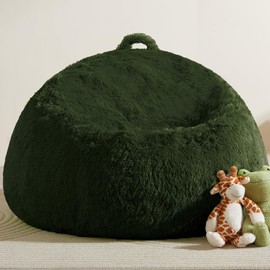 Bean Bag Chair Cover (No Filler), Soft Faux Fur Washable Covers with Pocket, Adult Kid Stuffed Animal Bean Bag Chairs Organizer, Dark Green