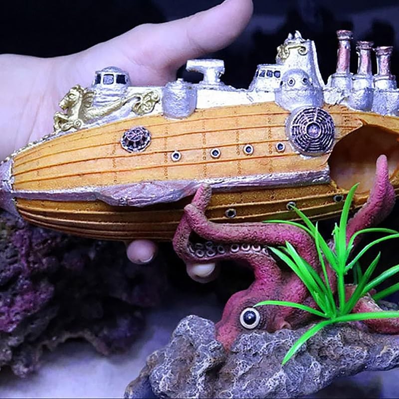 AIMALL Submarine Aquarium Ornament, Resin Fish Tank Decoration, Hollow Shipwreck