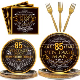 Wiooffen 96 Pcs Vintage 85th Party Tableware Set Back in 1938 85th Theme Birthday Party Table Decoration Supplies Cheers to 85 Years Paper Plate Napkin Fork 24 Guests for Men