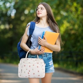 OYLOLA - Bolsa de almuerzo para mujer, para adultos, bonita bolsa de almuerzo aislada, bolsa de almuerzo para el trabajo, picnic (beige y fresa ligera)