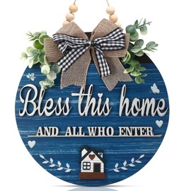 3D Bless This Home and All Who Enter Wooden Front Door Signs，Door Decorations Hanging,Christian Jesus Home Porch Wall Decor，Spring Wreaths，Door Wreaths for Front Door Outside All Season（Blue）