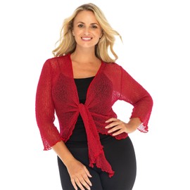 NetSetUK Women’s Fish Net Tie Up Shrug 3/4 Sleeve Fine Knitted Ladies Bolero Shrug Top Jacket Cardigan One Size Red